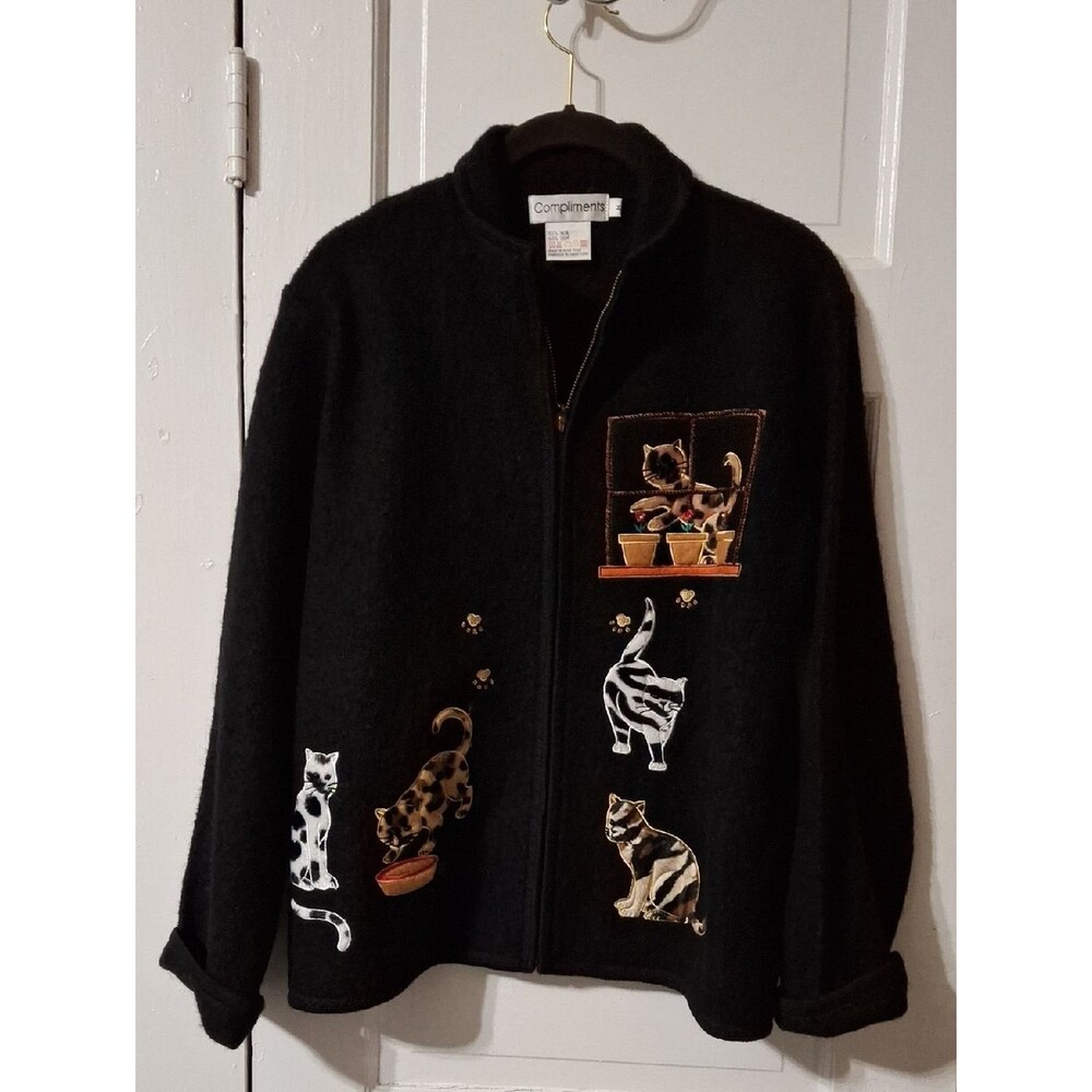 Compliments Black Cat Embroidered Zip-Front Jacket 100% Wool M (Mis191)